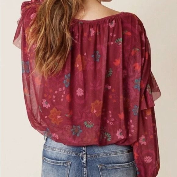 Free People Wildflower Honey Blouson Peasant Top Berry Floral Size Small - Picture 1 of 9